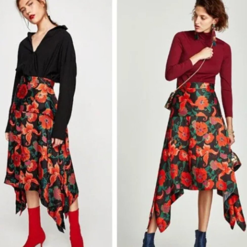 ZARA Floral Satin Midi Skirt  Asymmetric Handkerchief Scarf Flowy Blogger